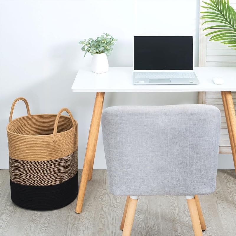 Image of Storage Cotton Rope Basket and Laundry Hamper for Dirty Clothes, Towels, Blankets, Pillows Storage in Living Room, Laundry Room and Bedroom (Beige Black, 15x18 Inch)