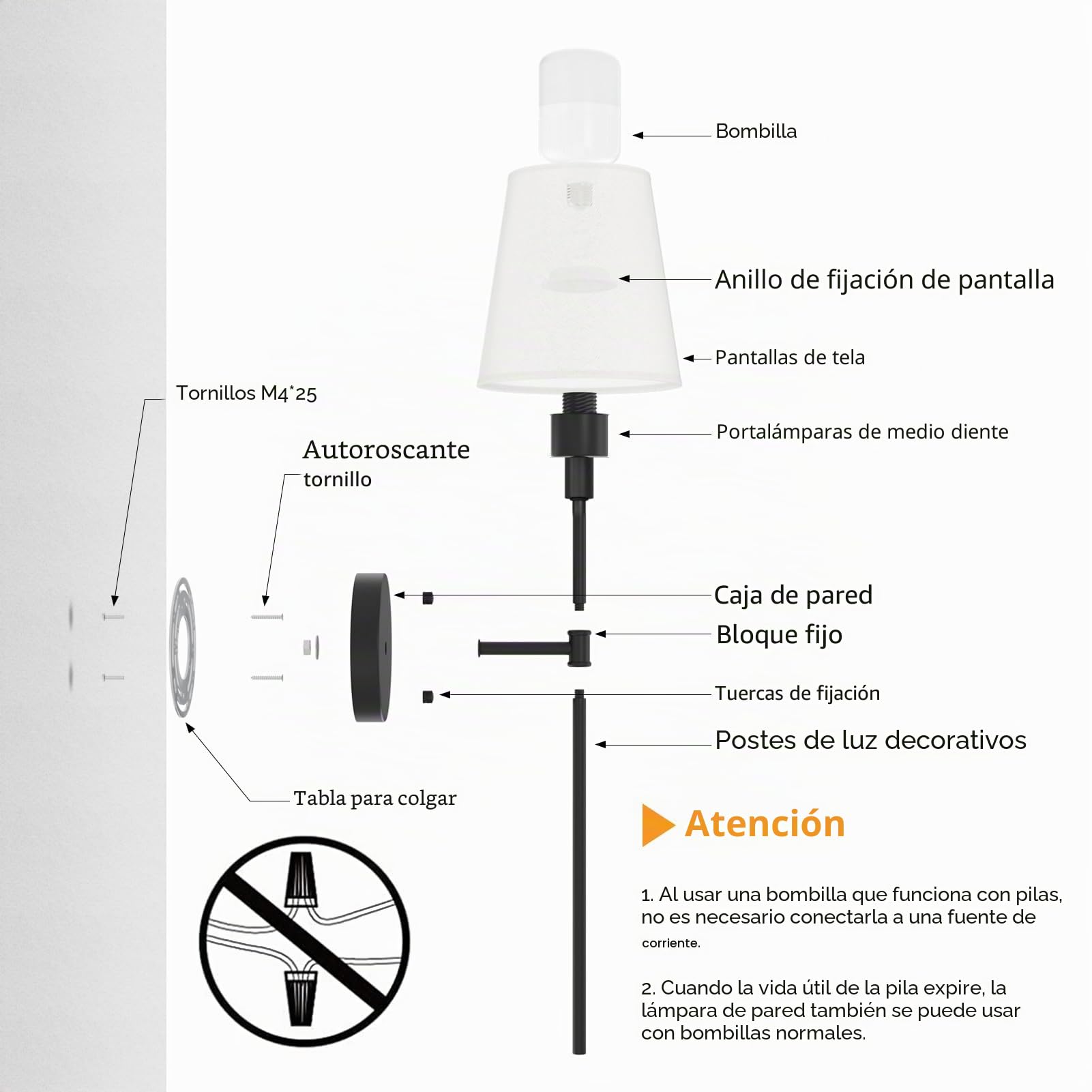 Aipsun 2 PCS 5500mAh Lámpara de pared de la batería con pantalla de tela blanca, Regulable, Aplique de Pared Interior Sin Cable con mando a distancia, para dormitorio, cuarto de baño(Negro)