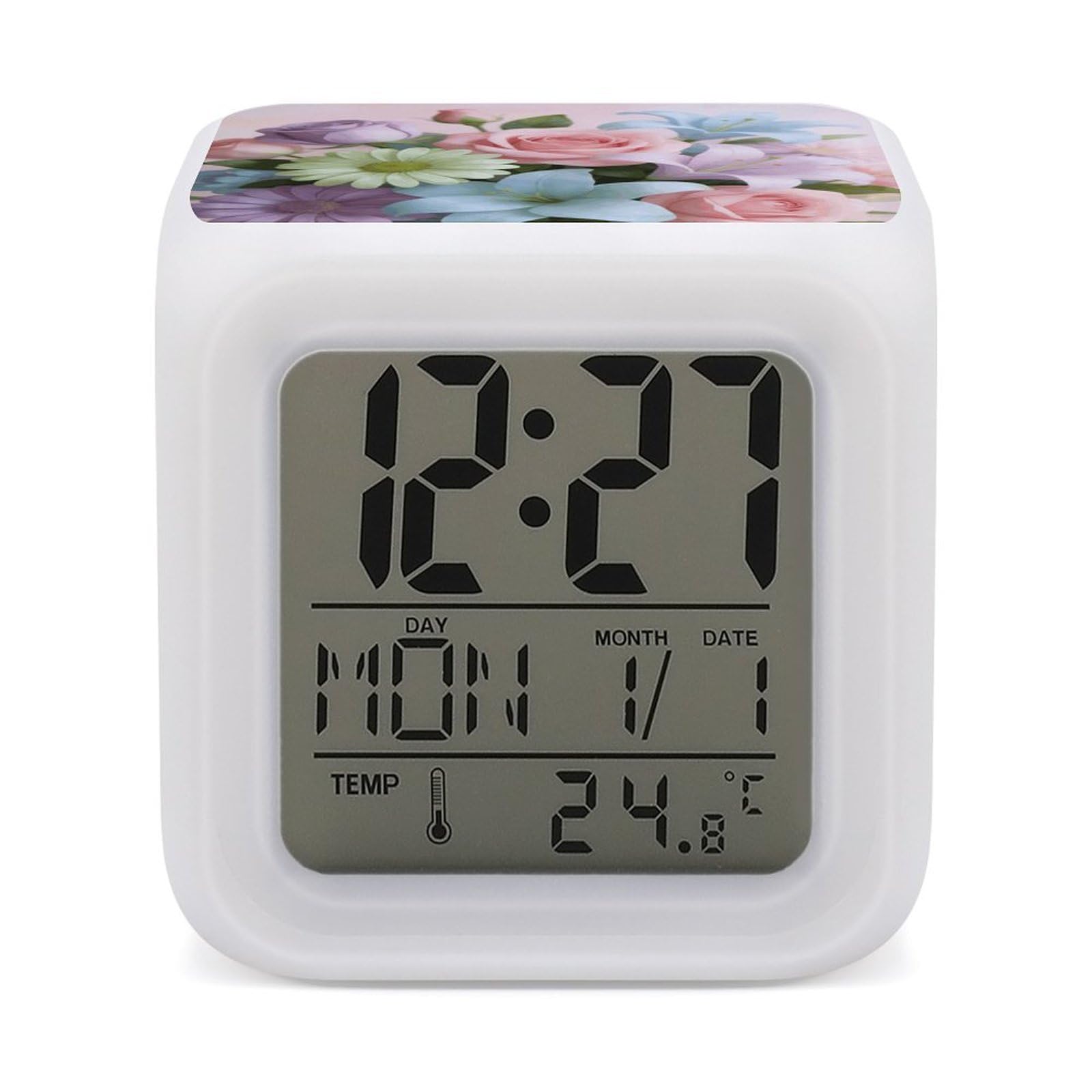 LZQPOEAS Pastel Bloom Alarm Clock with 7 Color Changing Nightlight for Bedroom Calendar Temperature Display Wake Up Digital Clock Small Desk Clocks for Heavy Sleepers Adults