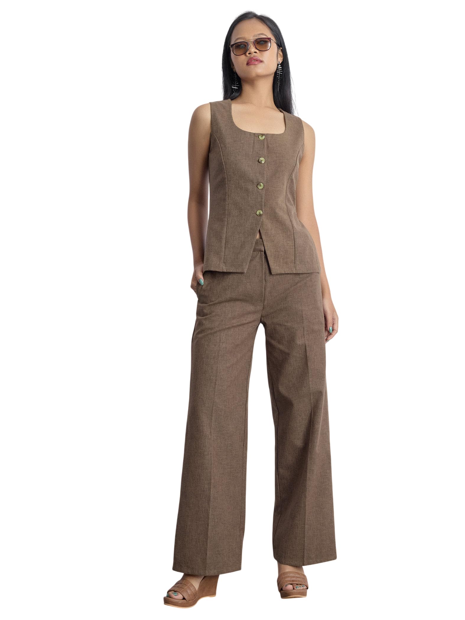 50% Linen, 30% Rayon, 20% Poly Walnut Linen Long Waistcoat for Women | Stylish Elegant Comfortable Relaxed Fit Solid Western Outfit Top-image-6