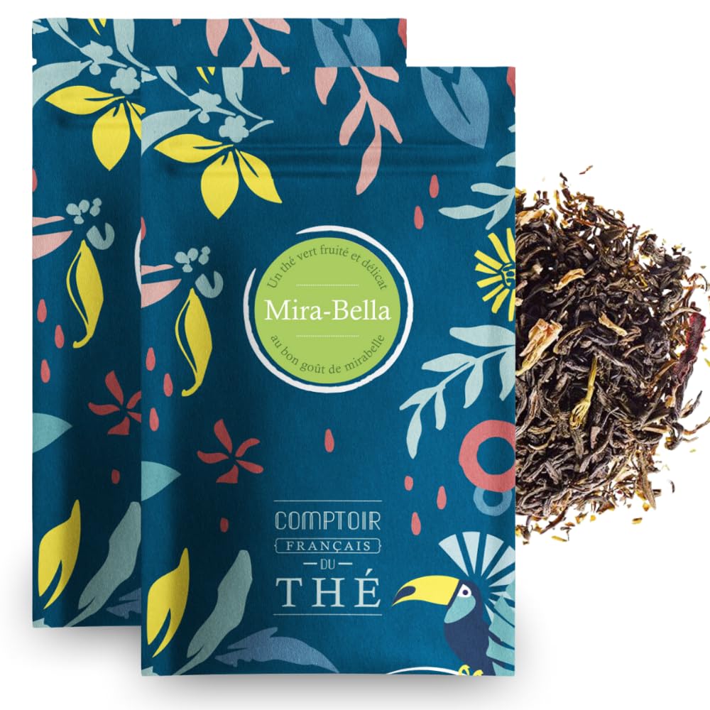 2x100g de Thé Vert à la Mirabelle - Mira-Bella COMPTOIR FRANÇAIS DU THÉ | Délicieux chaud ou glacé, parfait en thé glacé maison - Thé en vrac, sachet zip refermable