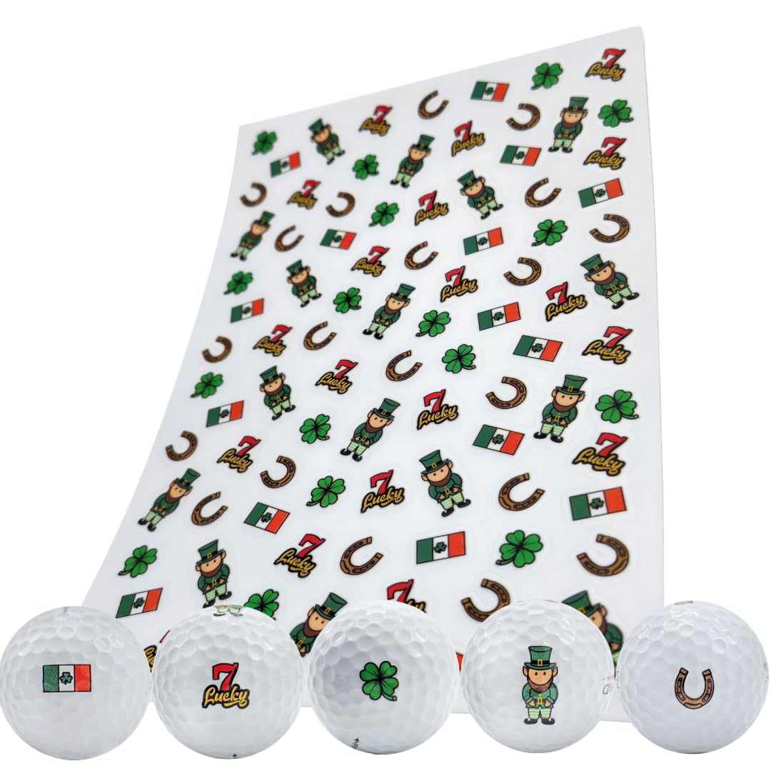 SWVL Sports Luck Golf Ball Decals 4 Leaf Clover, Lucky 7, Irish Flag, Horseshoe, Leprechaun (92 Decals)