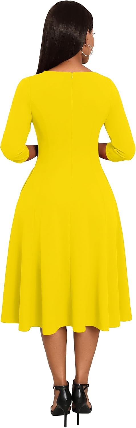 Nmoder Midi Dresses for Women A-Line Fit and Flare Dress 3/4 Sleeve V Neck Cocktail Wedding Guest Work Dress with Pockets - Image 5