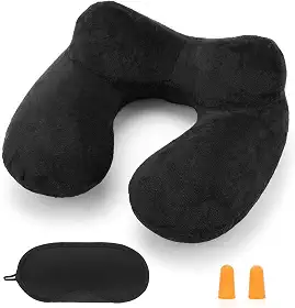 Travesseiro inflável de viagem para avião, travesseiro de pescoço inflável para viajar com capa lavável de veludo macio para dormir, avião, trem, carro, escritório, máscaras contornadas para os
