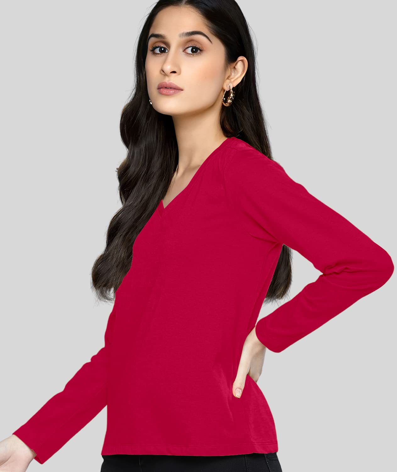 TVP Fashions Premium Plain Women V Neck Full Sleeves Cotton Tshirt. Festive,Offer,Discount,Sale,Limited Edition, Trending Tees and Tshirts. (DarkPink_Small) 2