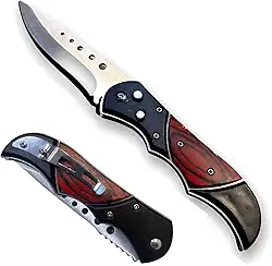 Canivete Tático Retrátil com Clip, Lâmina em Aço Inox, Cabo em Madeira e Metal, Preto e Vermelho