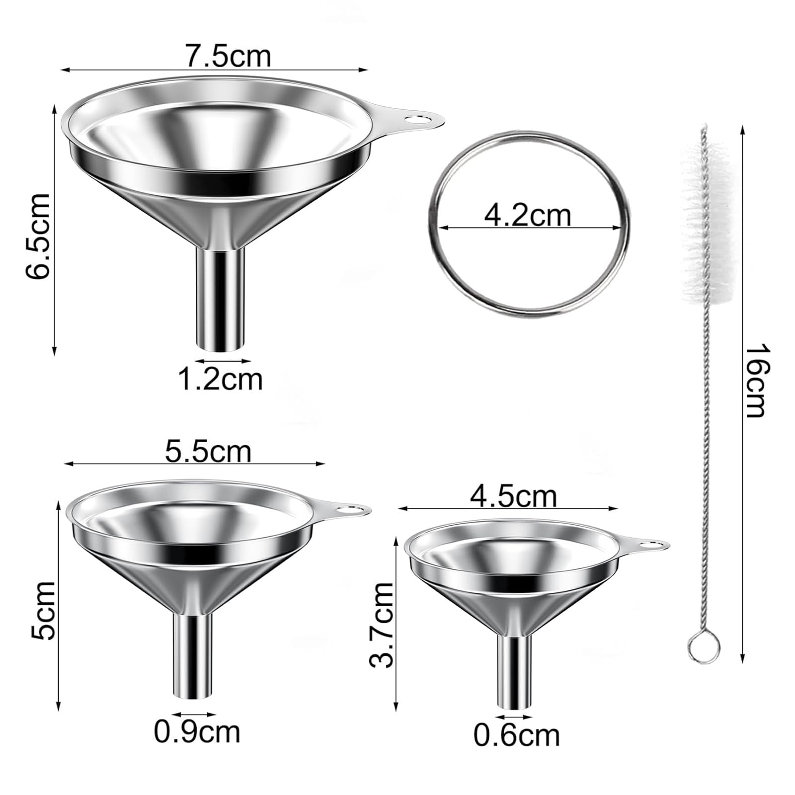 AOKITO 3 lejki ze stali nierdzewnej (7,5 cm/5,5 cm/4,5 cm), lejek kuchenny, metalowy lejek do napełniania płynnych składników, suchych składników i proszku, akcesoria z 2 szczotkami do czyszczenia