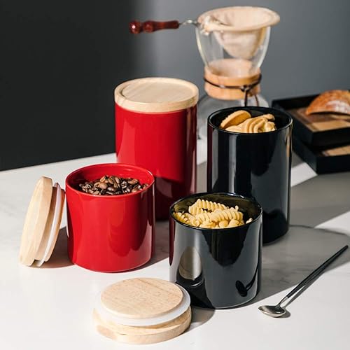 Miniatura 3 de SWEEJAR  Recipiente de cerámica para almacenamiento de alimentos, recipientes apilables con tapa hermética de madera para servir café molido, té,
