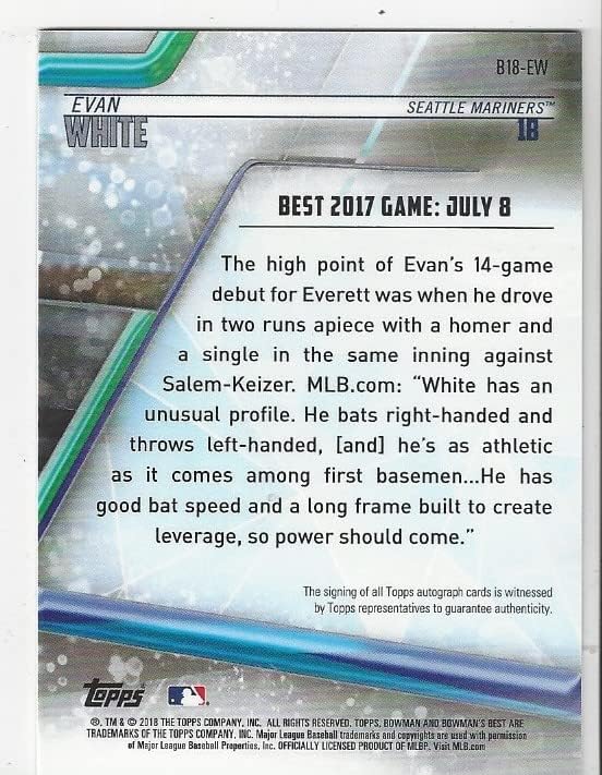 Evan White Autographed Topps Certified Collectible Baseball Card - 2018 Bowman Best Baseball Card #B18-EW (Mariners) Free Shipping