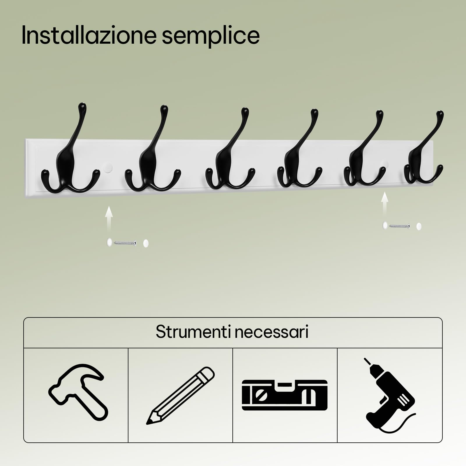 eSituro 2 Attaccapanni da Muro, 6 Appendi da Muro, Appendiabiti da Parete per Giacche, Cappotti, Chiavi, Borse, in Ingresso, Corridoio, Camera da Letto, in Legno e Metallo, Bianco e Nero