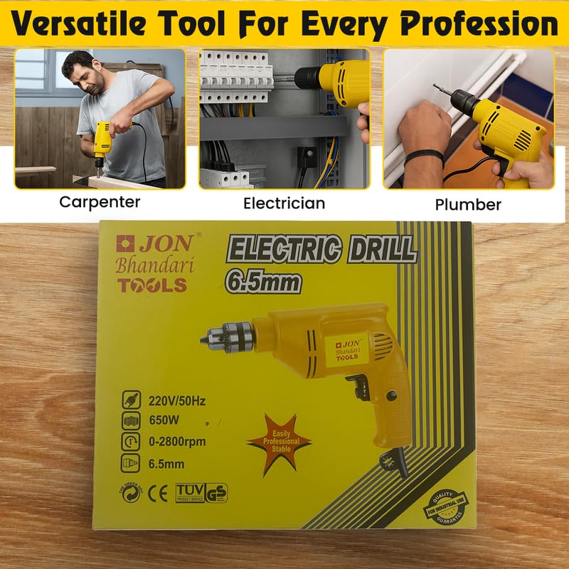 Image of Jon Bhandari Tools Corded Electric Drill Machine - 6.5mm, 650W, 2800RPM, 220V | Variable Speed & Reverse Function | Compact Heavy Duty Power Tool for Wood, Metal, Masonry & DIY Projects