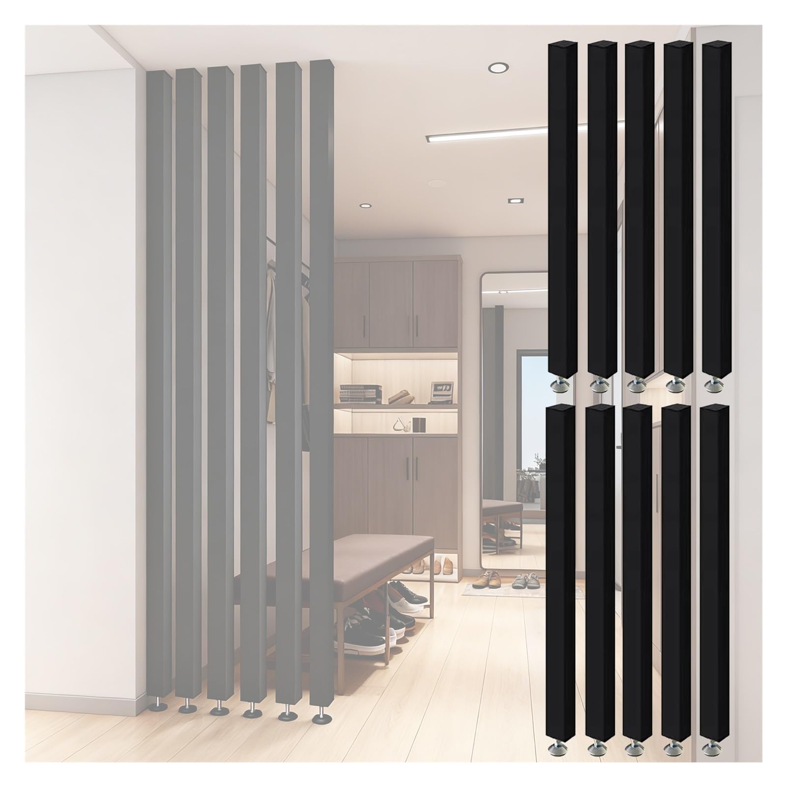 Séparateur de pièce réglable 1,5 m à 2,4 m claustra bois noir 10 poteaux