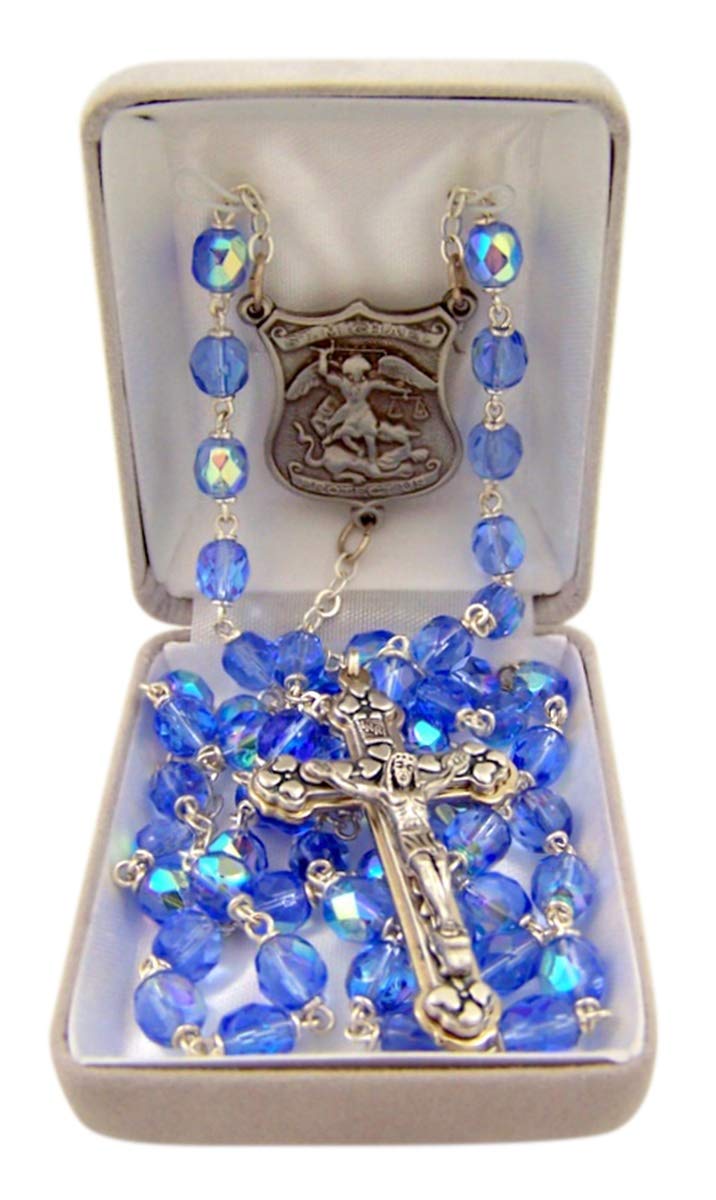 Religious Military Rosary Silver Toned US Civil Servants Patron Saint Glass Prayer Bead 16 1/4 Inch