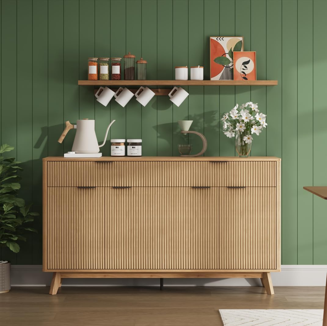 GarveeLife 60'' Rattan Sideboard Buffet Cabinet with 2 Drawers & 4 Rattan Doors and Adjustable Shelves & Storage