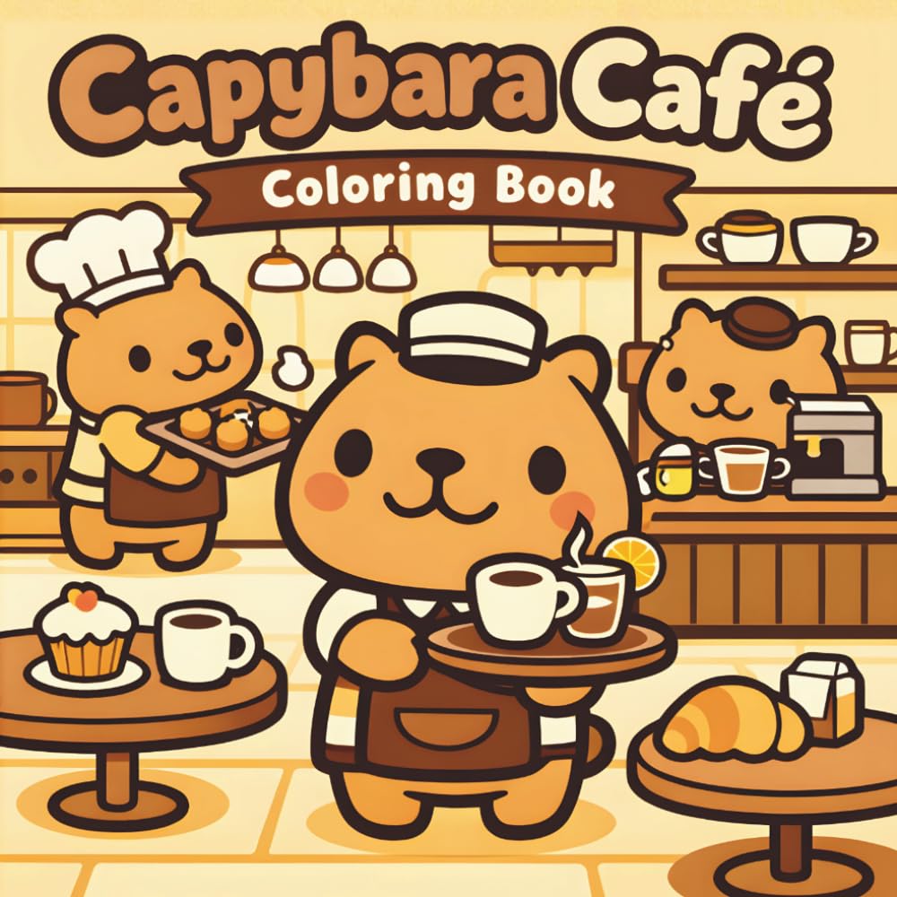 Capybara Café Coloring Book: Kawaii Animal Coloring Pages | Simple and Relaxing Coffee Shop Scenes with Bold Lines for Kids, Teens, and Adults