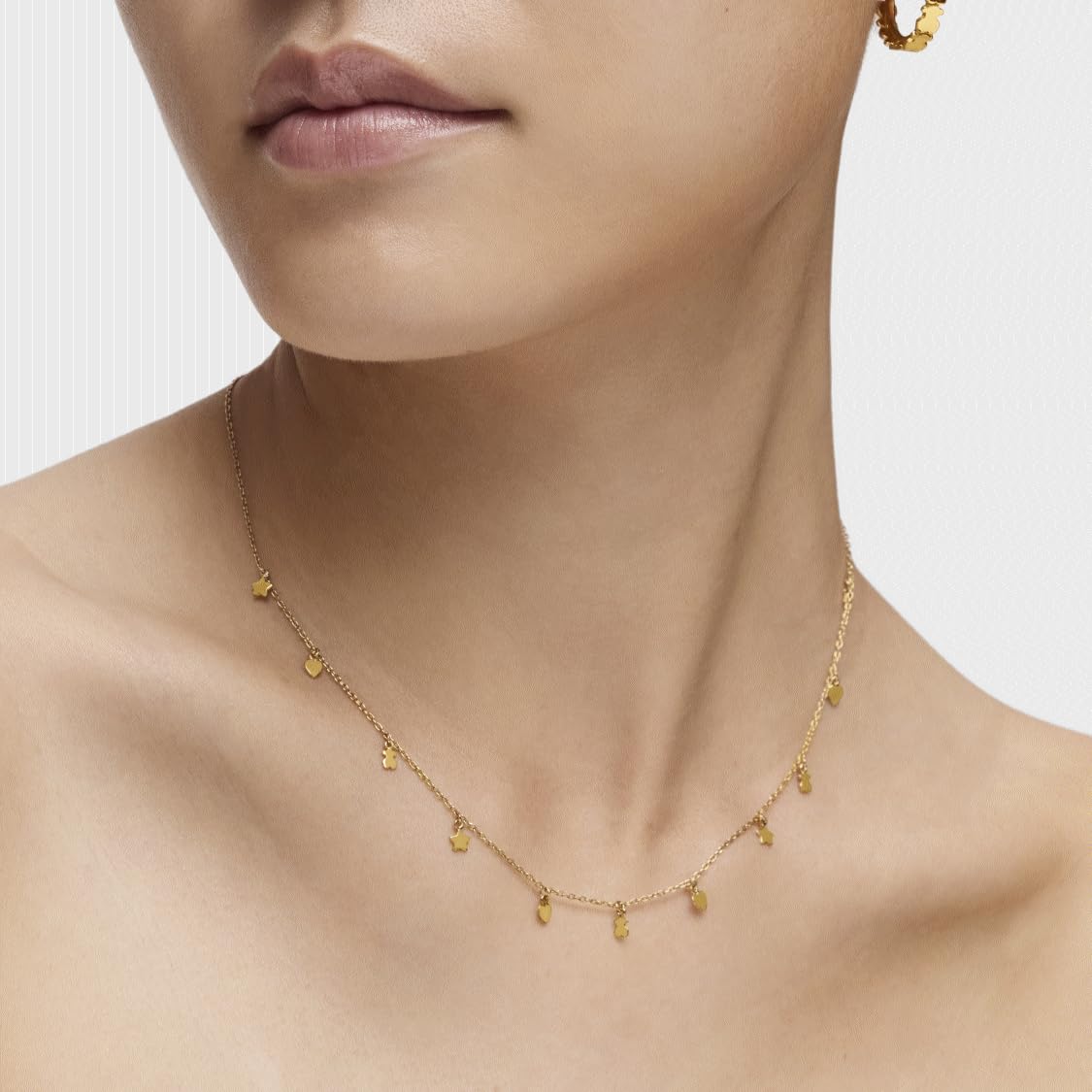TOUS Collar con Baño de Oro 18Kt sobre Plata para Mujer con Motivos de Osos, Corazón y Estrella 3,5mm y Anilla de 40cm, Largo 43 cm, Atemporal y Elegante, Colección Cool Joy