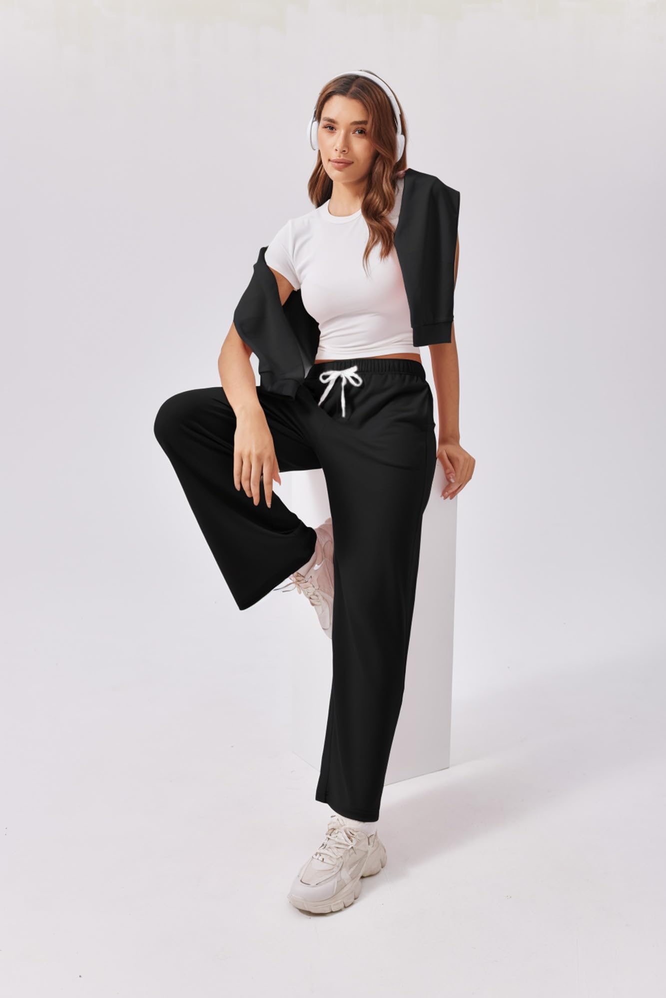 PINSPARK Pantalones de chándal para mujer, pantalones de deporte largos y holgados, pantalones de entrenamiento de cintura alta, pantalones de chándal sueltos con cintura elástica, pierna recta ancha