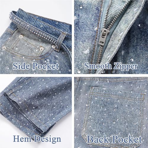 Men Baggy Rhinestone Jeans Wide Leg Denim Pants Vintage Sparkly Pearl Jeans Y2k Oversized Hip Hop Pants for Women3