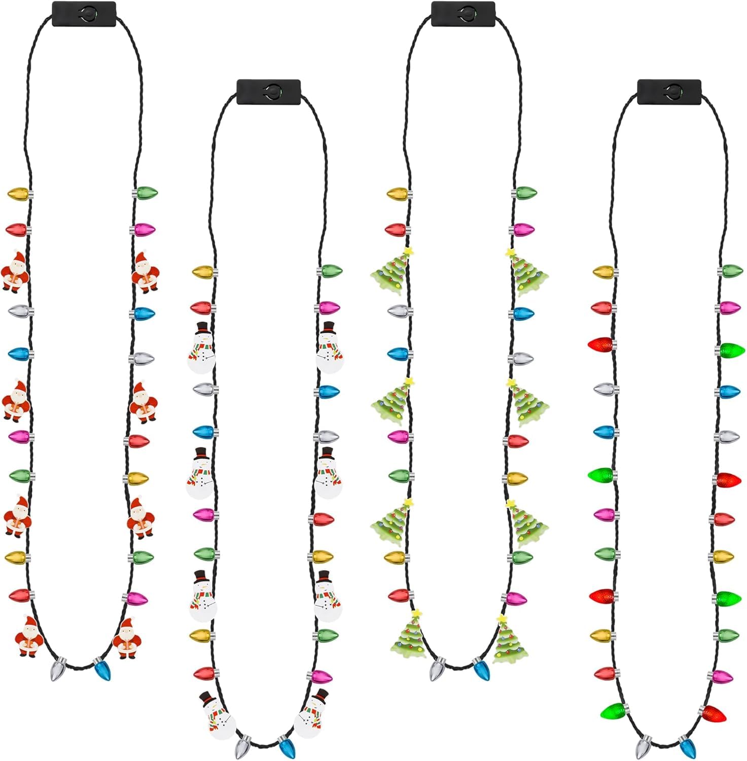 NEW-YIJUNSHUN Light up Christmas Necklace, 4pcs Xmas Bulb Necklaces Accessories Bulk, Glow in The Dark Gift for Christmas Ugly Sweater Birthday Wedding Rave Carnival Indoor Outdoor Party