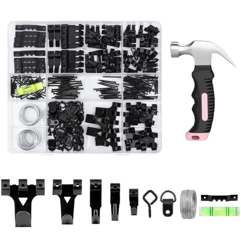 ZAselect Bilder-Aufhängeset, Bilderaufhänger, robuste Rahmenhaken-Sortiment mit Bilderdraht, D-Ringen, Hardware-Nägeln, Ösenhaken, schwarz, robuste Rahmenhaken für Rahmenmontage, 331-teilig