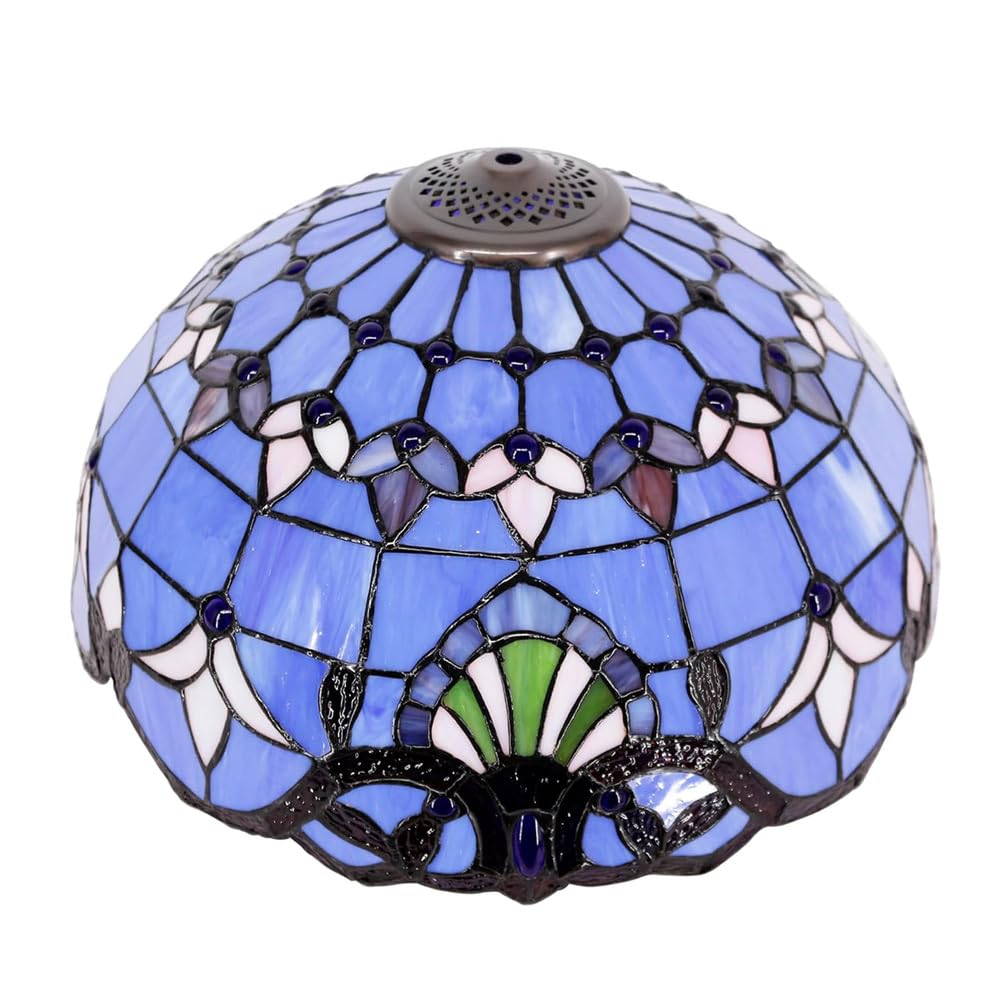 SaryEdge 16-Inch Baroque Glass Shade Replacement, Only Tiffany Style Stained Glass Lampshades, Retro Pastoral Mahogany Elegant Lantern Shade for Table Lamp Floor Lamp Hanging Lamp,Silv，Blue