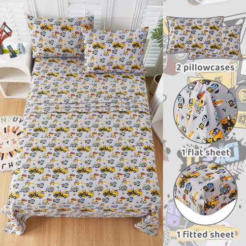 Image of Viviland 4 Pieces Boys Grey Truck Full Sheet Set - Soft Microfiber Fitted Flat Sheets & Pillowcases Bed Sheet Set - Heavy Duty Vehicle Print Bedding Sets for Kids