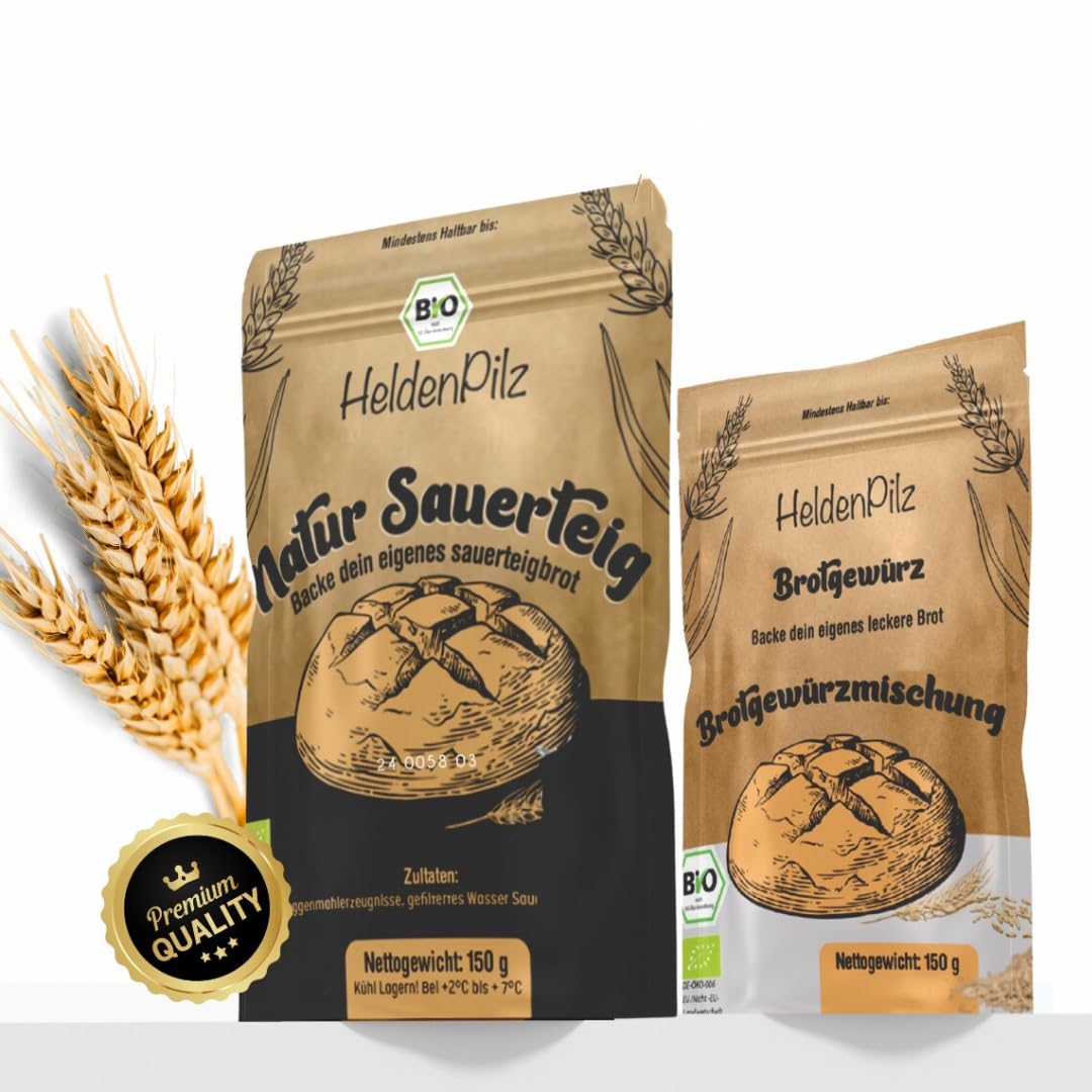 HeldenPilz Juego de cestas de fermentación – Bio masa madre Starter incluye cesta, vaso de vidrio fermentado, tarjeta de acero inoxidable y batidor danés
