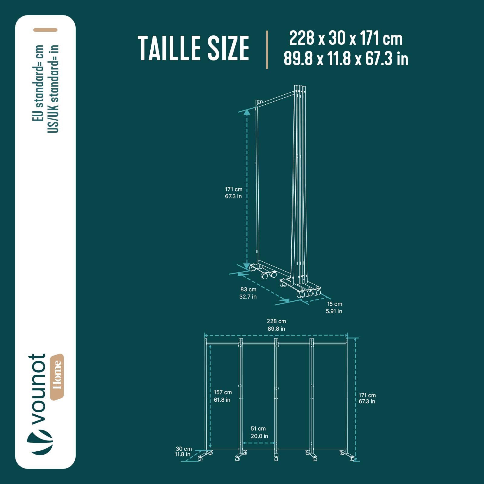 vounot® Paravent Séparateur de Pièce 4 Panneaux avec roulettes Cloison de Séparation Autoportant Pliable Brise Vue pour Plus d’Intimité Salon Chambre Bureau 228 x 30 x 171 cm Anthracite