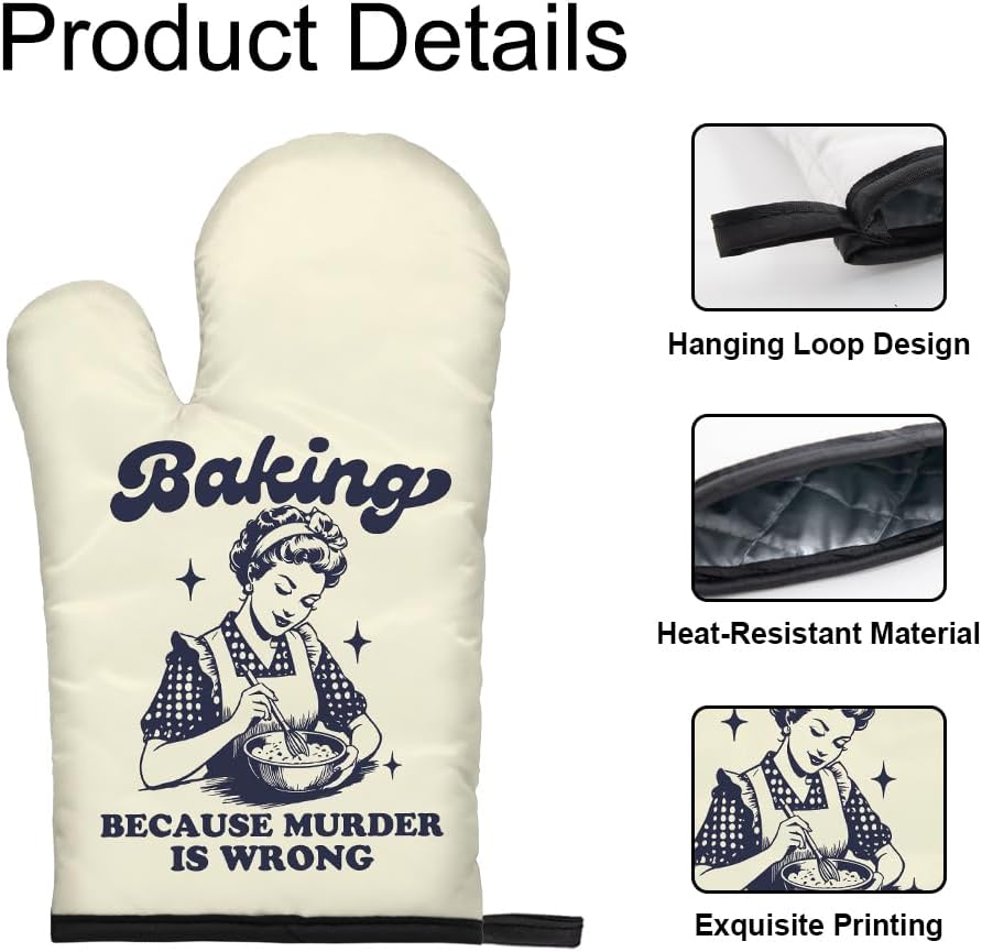 DYJYBMY Baking Because Murder is Wrong Funny Oven Mitts and Pot Holder Set, Humorous Vintage Lady Kitchen Gadgets for Women, Birthday Gifts for Bake Lover Chef, Hostess Gifts for Mom Wife Sister BFF - Image 3