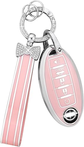 PIFOOG Funda para llavero para Nissan de 5 botones rosa, funda protectora de llavero brillante para Altima Sentra, Rogue Pathfinder, Murano, Armada,