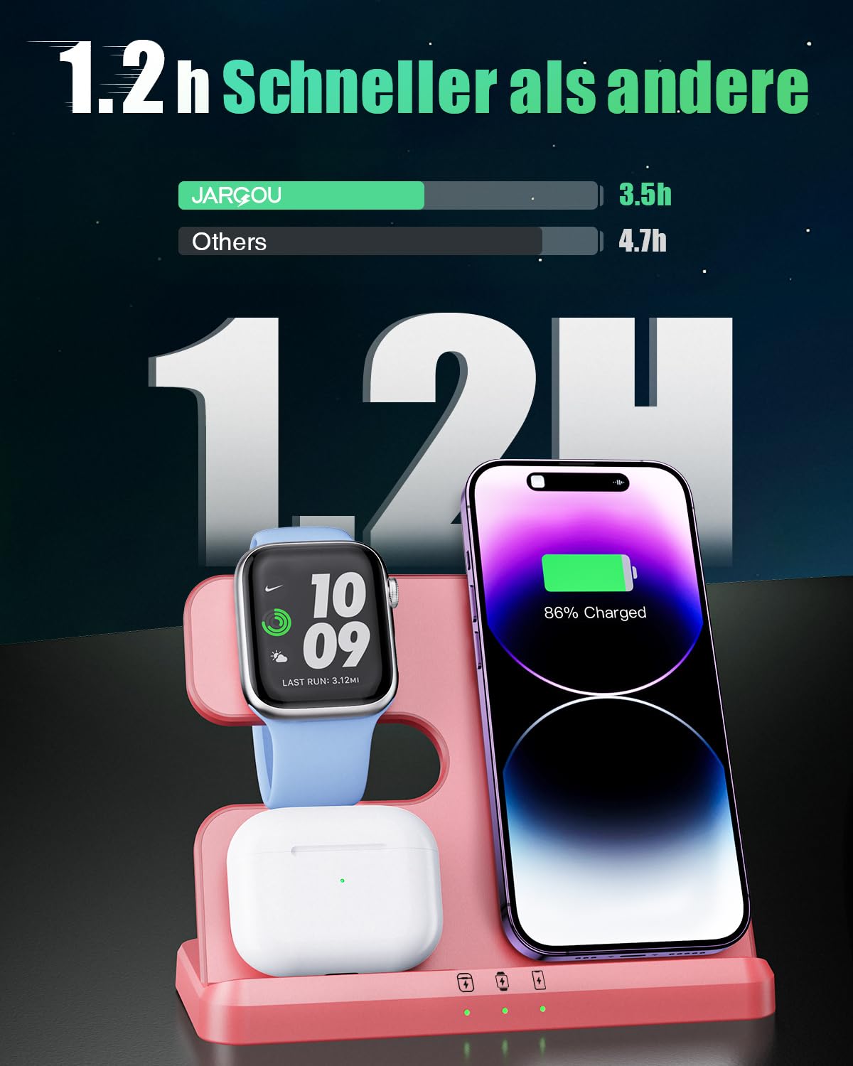 JARGOU Caricatore Wireless 3 in 1 Compatibile con iPhone 15 14 13 12 11 Pro Max/Mini/XR/8, Stazione di Ricarica Wireless per Apple Watch 9/Ultra 2/SE/8/7/6/5/4, Wireless Charger per Air-Pods Pro/3/2