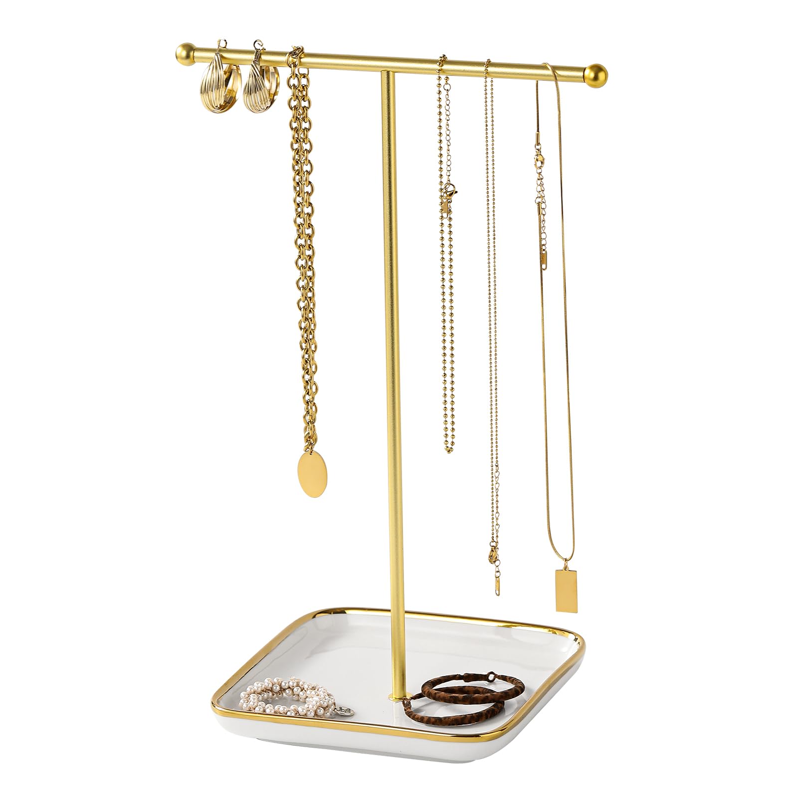 Leijosya modern T-shaped jewelry rack, jewelry tower, gold metal, square ceramic base decoration display tower, necklace, bracelet, ring storage rack (1Tiers)