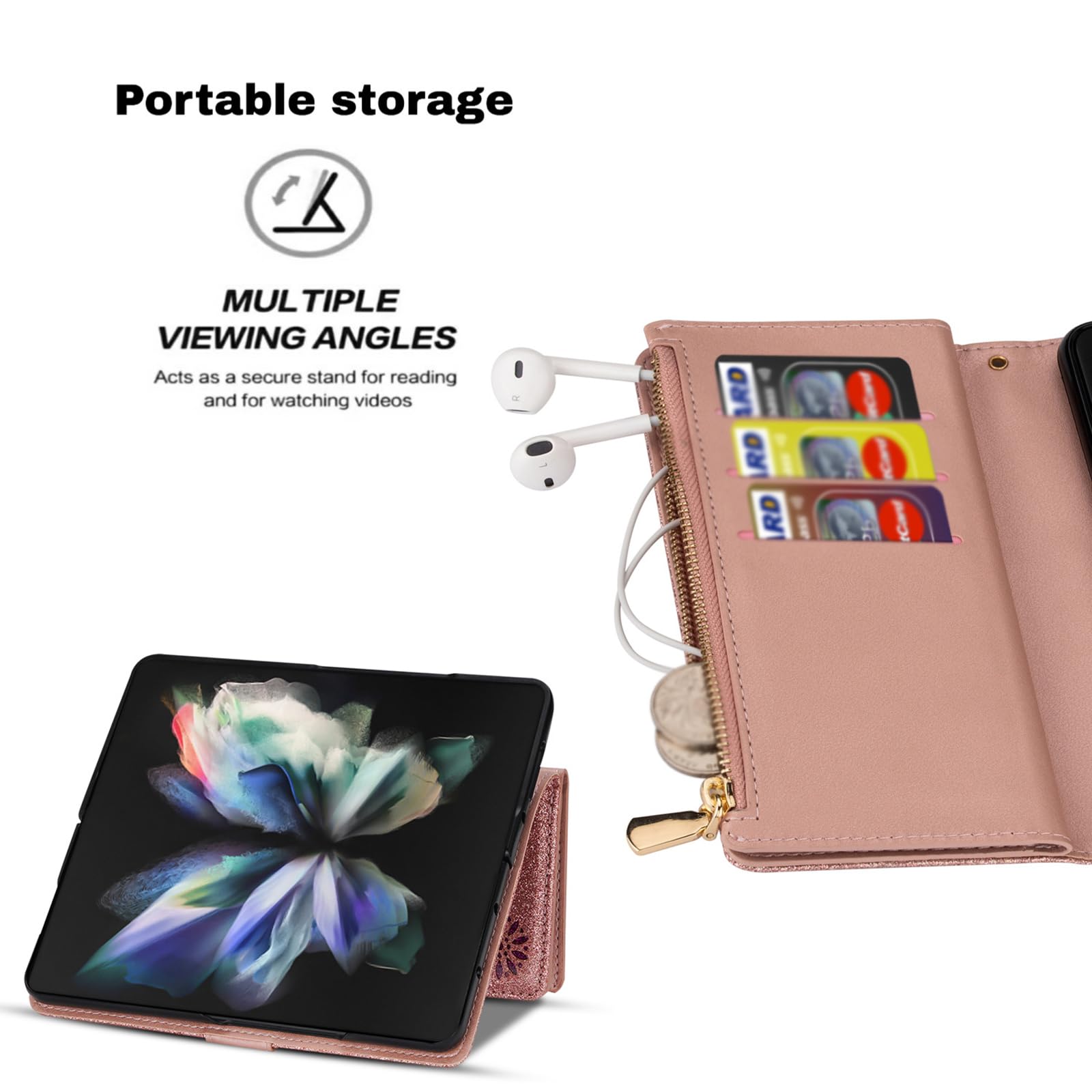Brokatowe etui do Samsung Galaxy Z Fold 5, portfel na zamek błyskawiczny z uchwytem na karty, retro skóra PU, pasek na nadgarstek z klapką, etui folio etui, niebieskie
