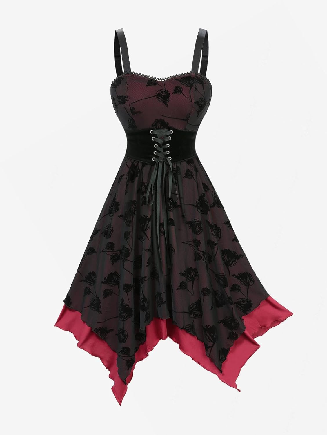 DRESSFO Women's Gothic Rose Flocking Handkerchief Dress – Lace-Up Layered Asymmetric Dress with Belt - Image 6