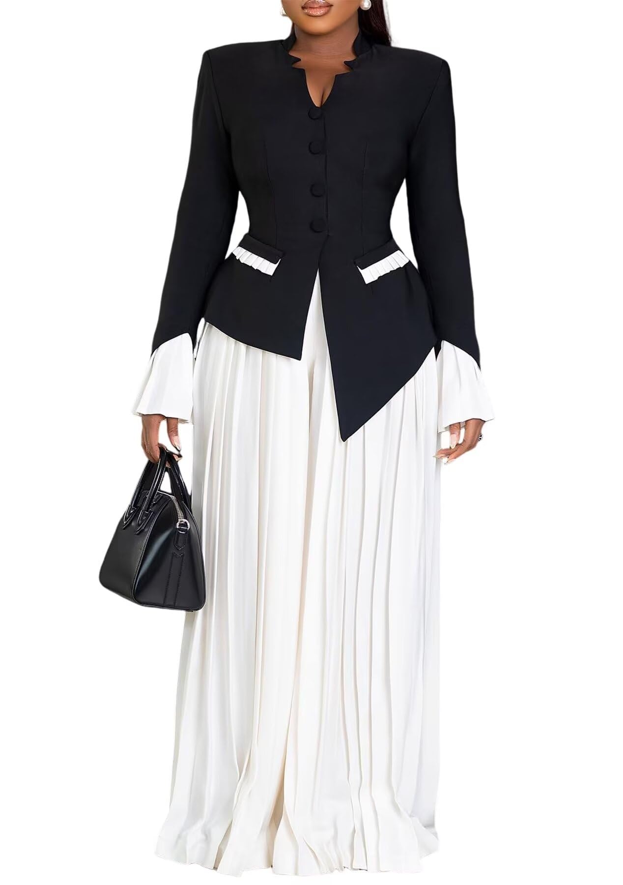 LROSEY Women 2 Piece Outfits Dressy Pant Suits Business Casual Blazer Sets with High Waisted Pleated Wide Leg