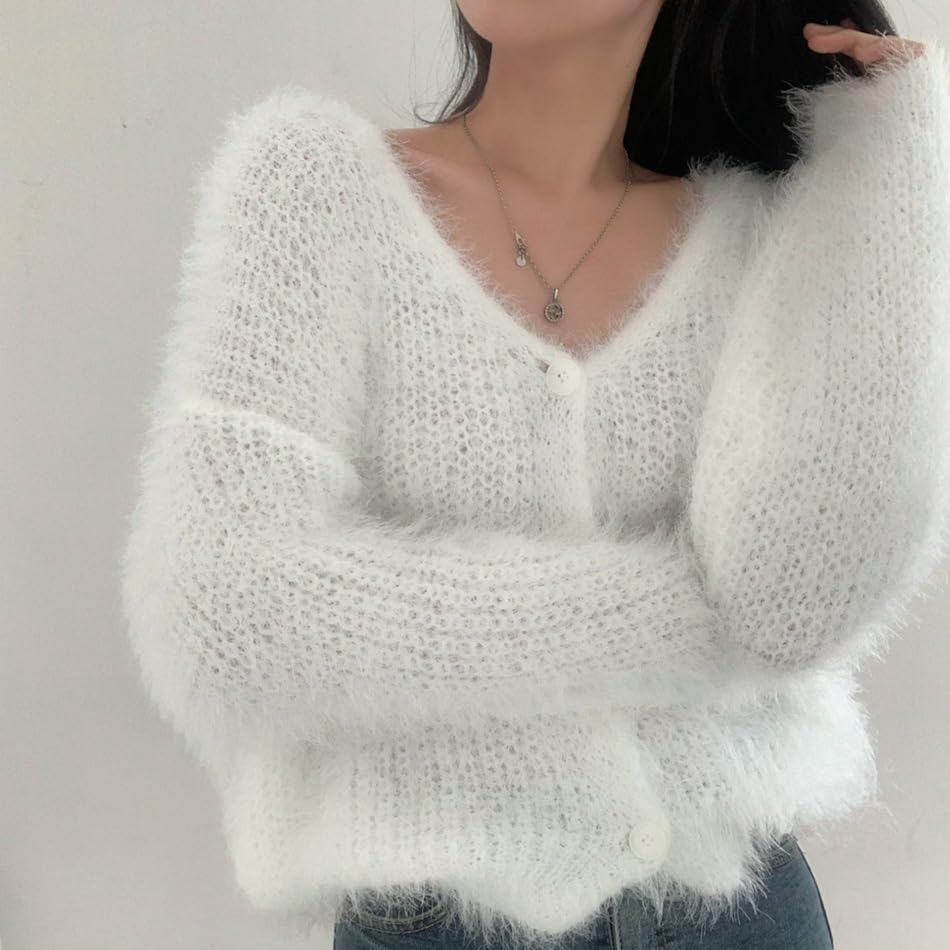 Image of Mohair Cardigan for Women - Fuzzy Open Front Oversized Faux Fur Coquette Sweater