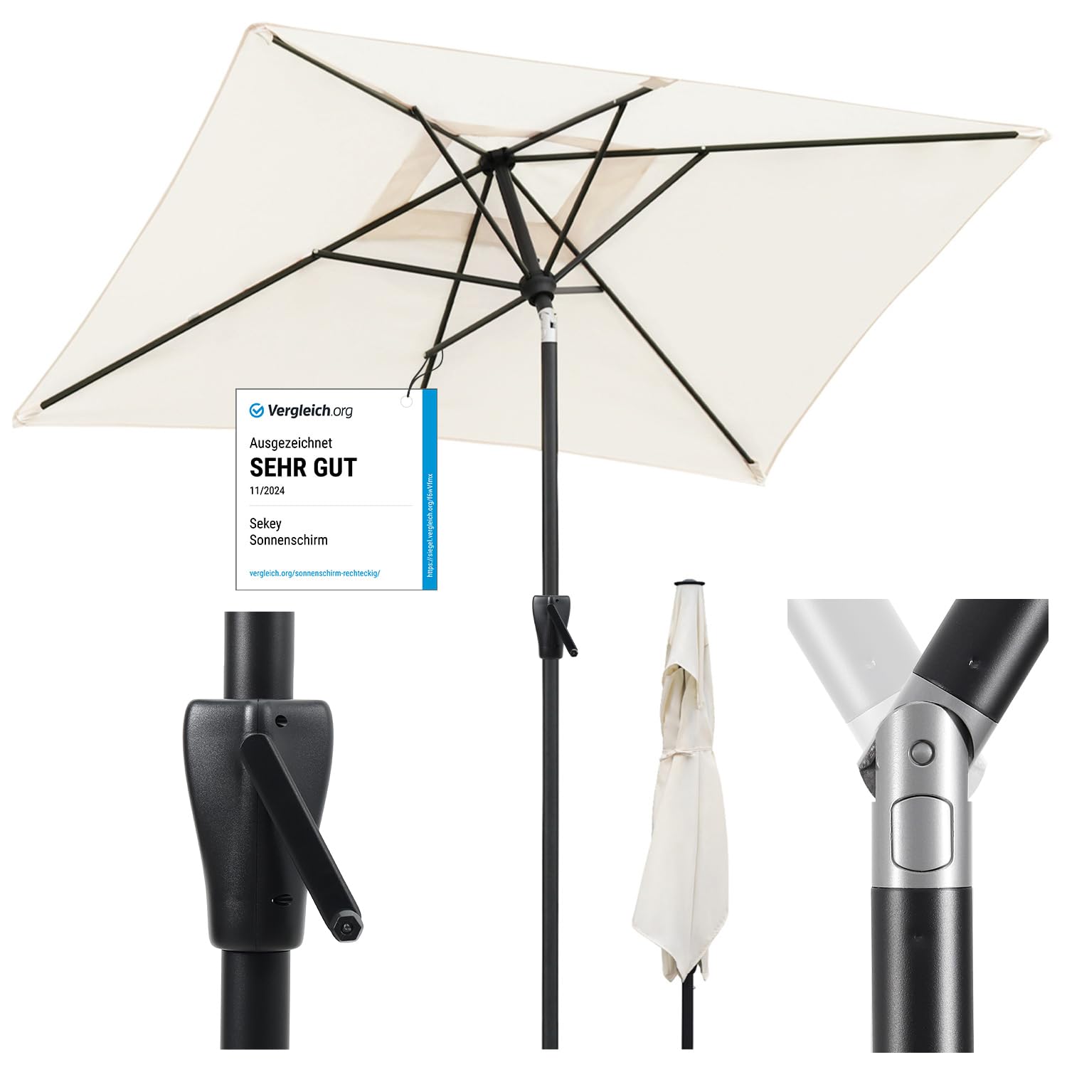 Sekey Aluminum Sonnenschirm mit Kurbel und Knicker, 210 × 140 cm Sonnenschirm Rechteckig für Balkon Garten & Terrasse Sonnenschutz UV 50+