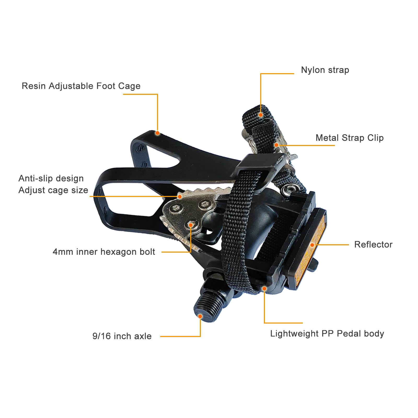 UPANBIKE Bike Pedals with Toe Clips and Straps for Exercise Bike Outdoor Bicycles and Spin Bike, 9/16-Inch Spindle with Reflectors - Image 4