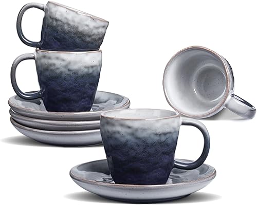 Miniatura 9 de Juego de 4 tazas de espresso italiano de 3 onzas, tazas de café espresso doble de cerámica vintage con platillos, juego pequeño de tazas de café