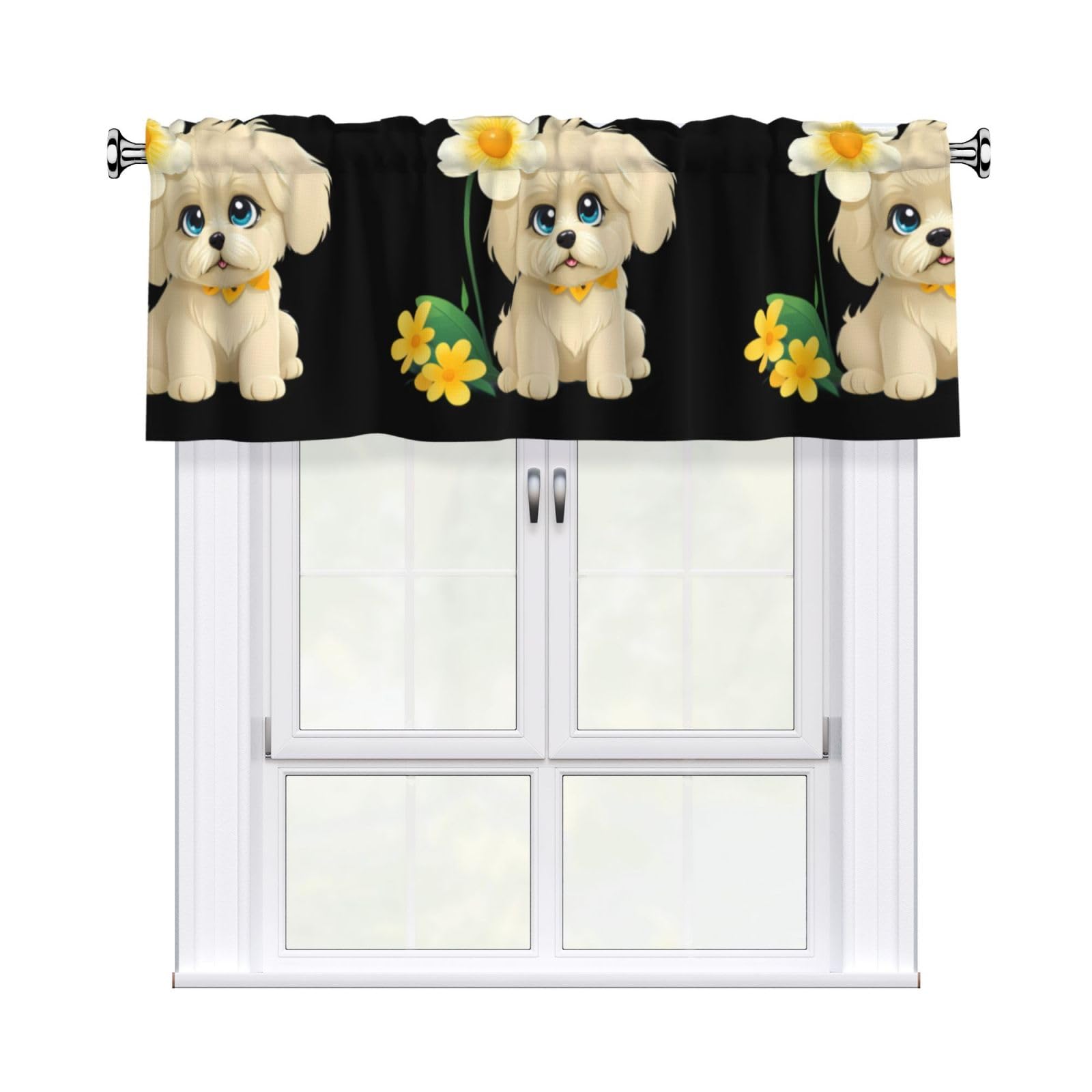 Yyhhaofa Black Cute Little Flower Dog Printed Short Curtains With Valance Rod 54X18in - Curtain Valance Kitchen Bathroom Laundry Room Studio - Home Decor