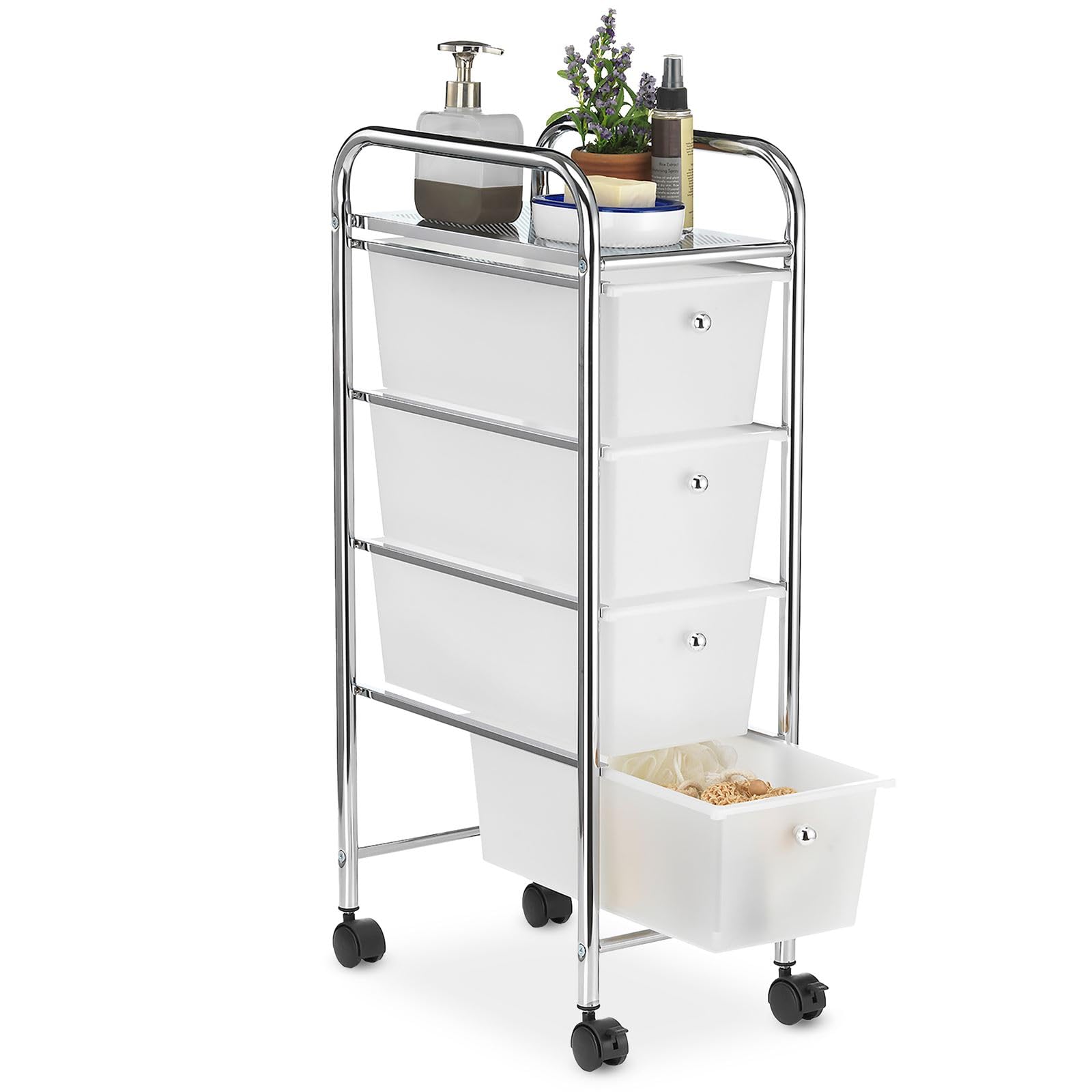 IDIMEX Caisson de Rangement sur roulettes GINA, Colonne 4 tiroirs et 1 étagère pour Salle de Bain ou Bureau, en Plastique et métal