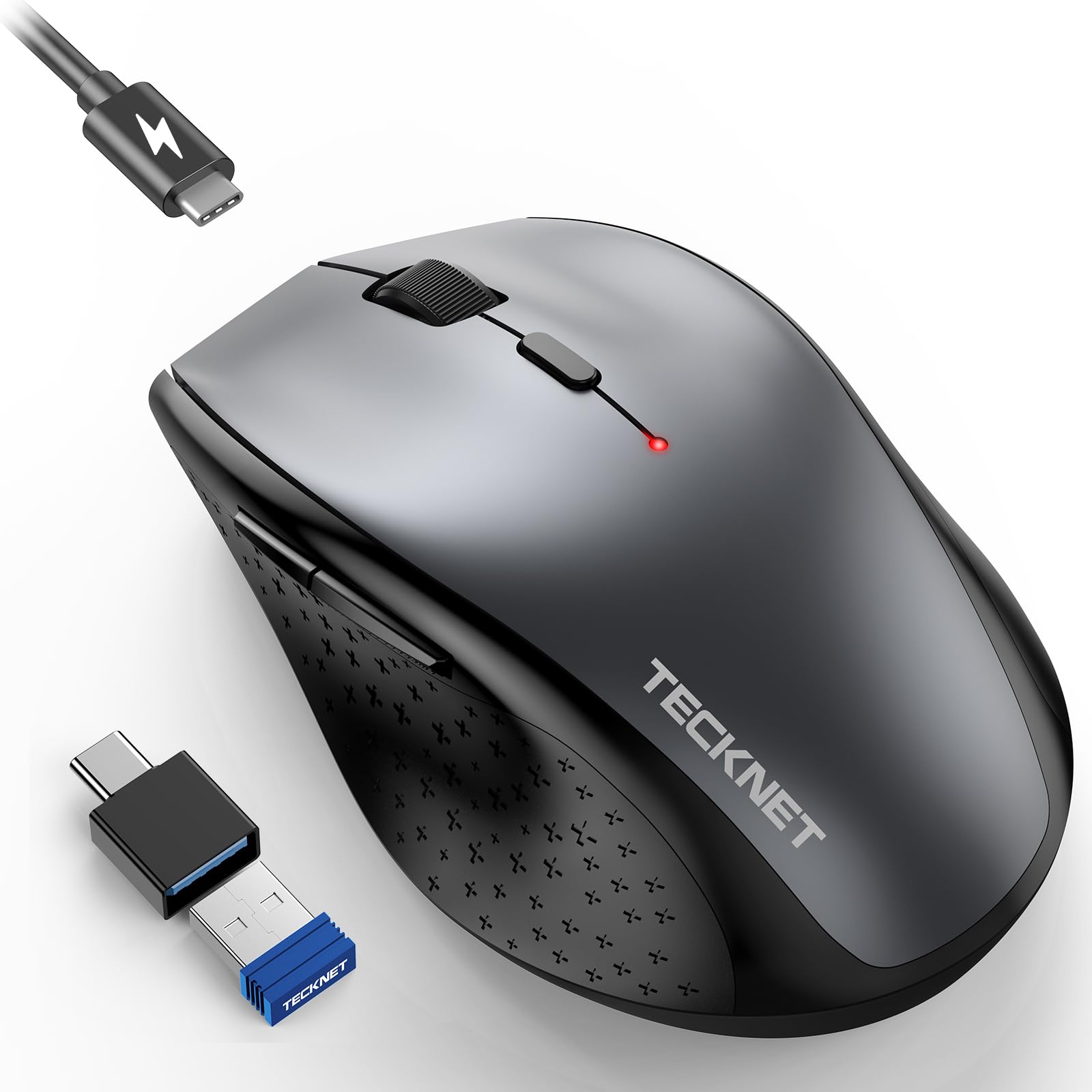 TECKNET Wireless Mouse Jiggler, USB-C Rechargeable Mouse, Silent Mouse with USB-C Adapter, 6400 DPI Ergonomic Mouse, Build-in Mouse Mover, 2.4G
