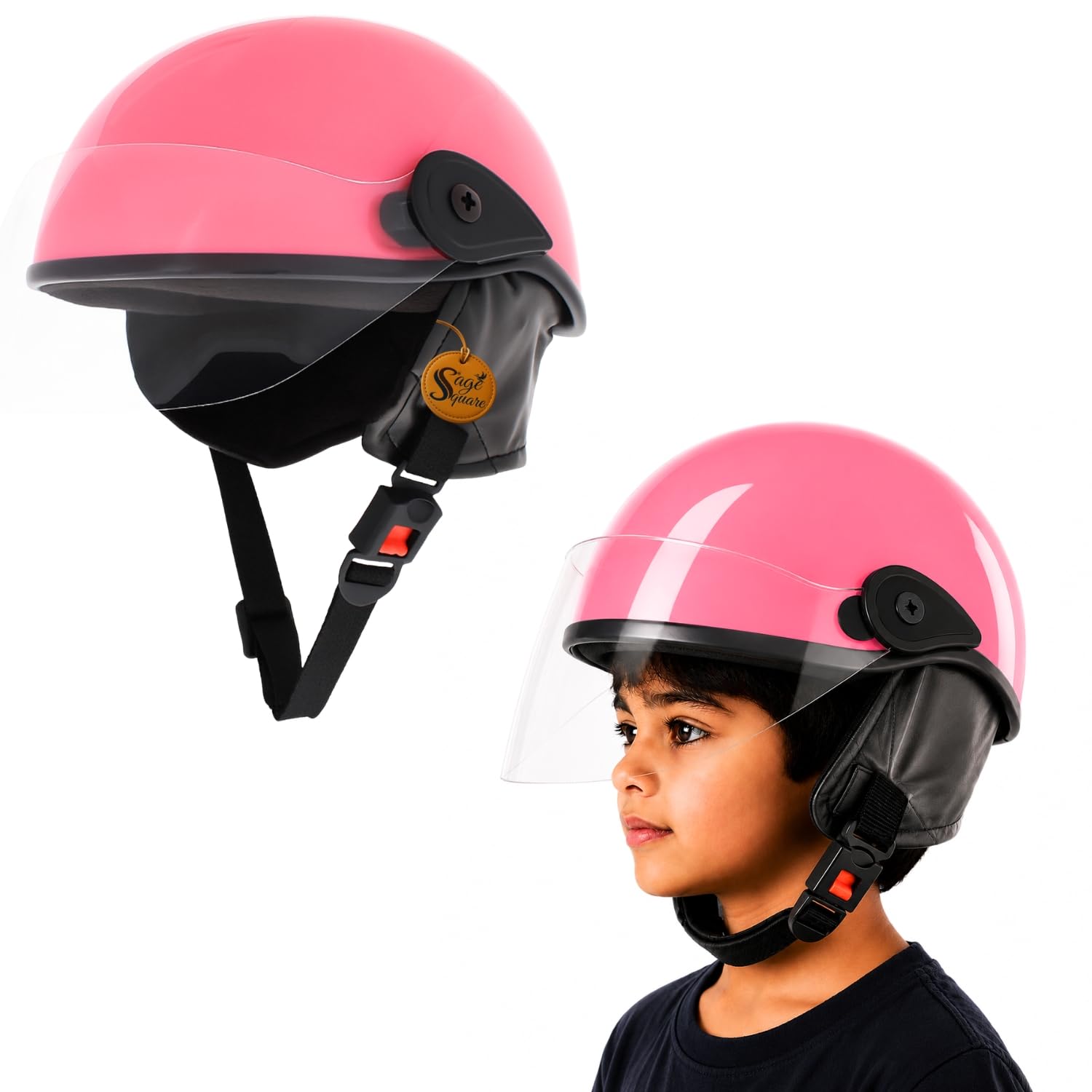 Sage Square Kids Safety Helmet with Clear Visor Protective Headgear for Cycling Skating Riding Outdoor Activities | Adjustable Child Helmet with Strap Ear Protection Shield | Pink Glossy-image-18