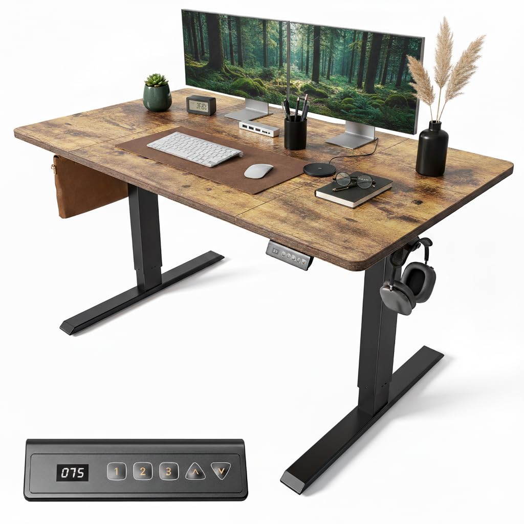 FEZIBO Electric Standing Desk 140 x 70 cm, Height Adjustable Sit Stand Desk with 3 Memory Presets, Home Office Computer Desk, Black Frame with Vintage Brown Top