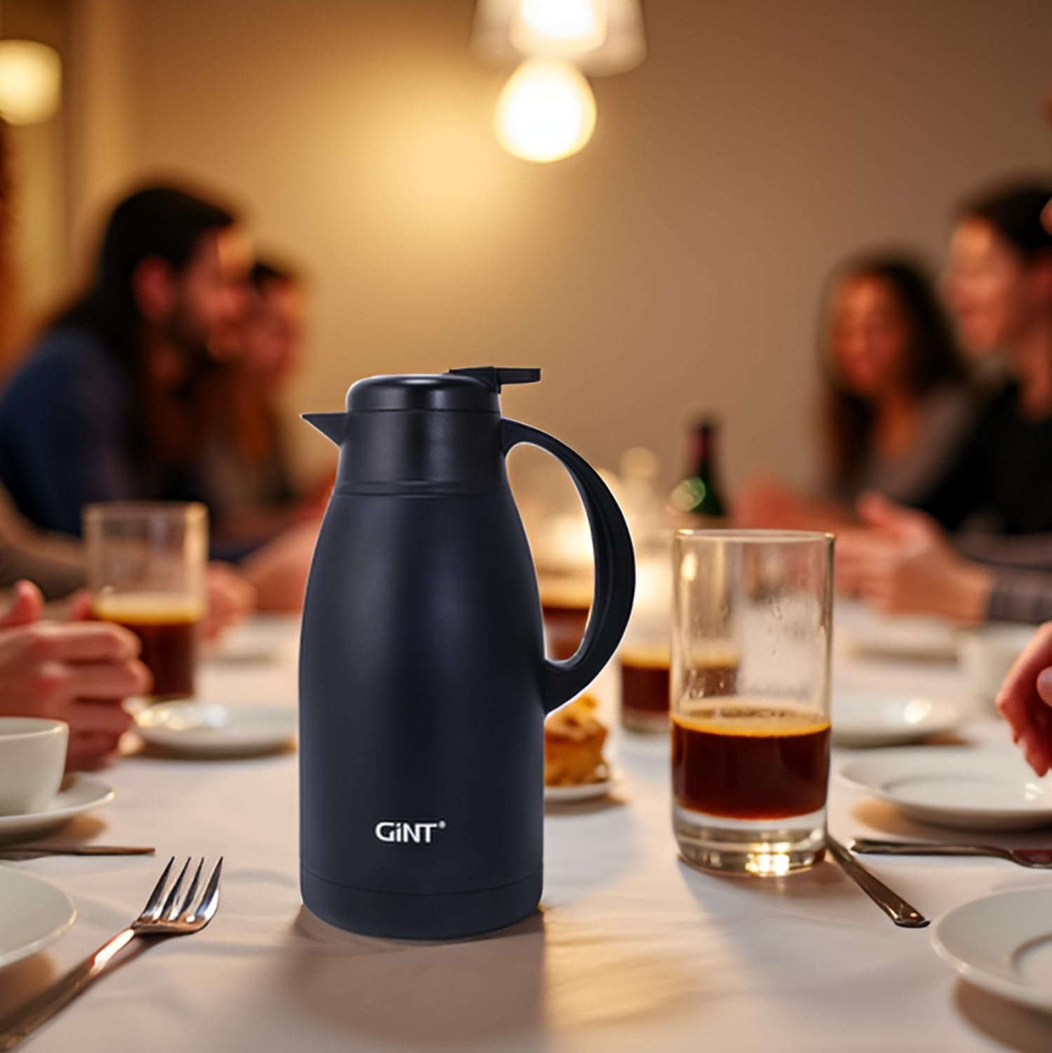 GiNT Jarra de café térmica de acero inoxidable, dispensador de agua al vacío de doble pared y bebidas, retención de calor de 12 horas, 1,9 litros, color negro