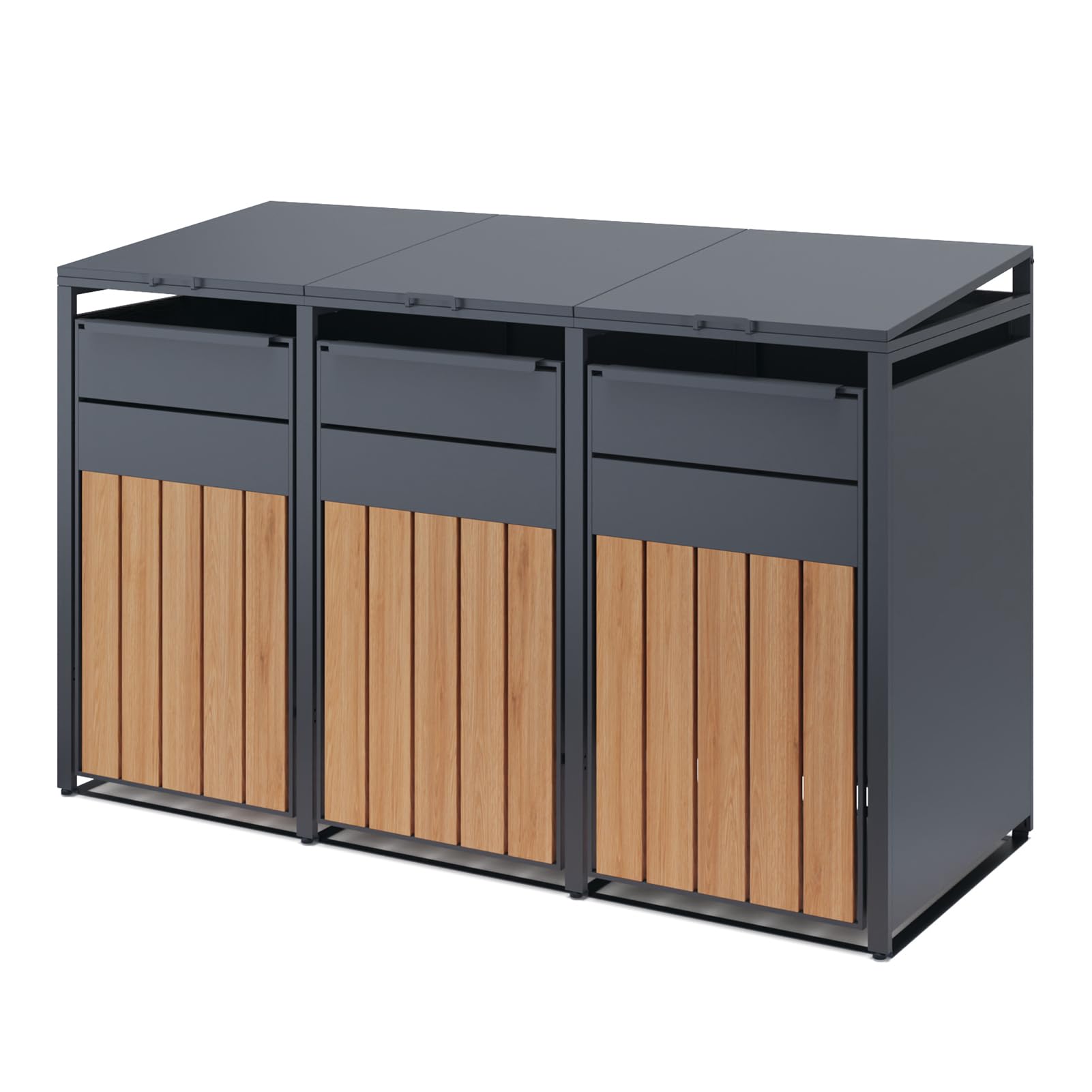 OMERAI Double Wheelie Bin Storage for 60-240 L,Weather-Resistant Outdoor Garden Bin Hideaway with Assisted Lift Lid Easy Use,Powder-Coated Steel Anthracite with Walnut Brown Doors — view 10