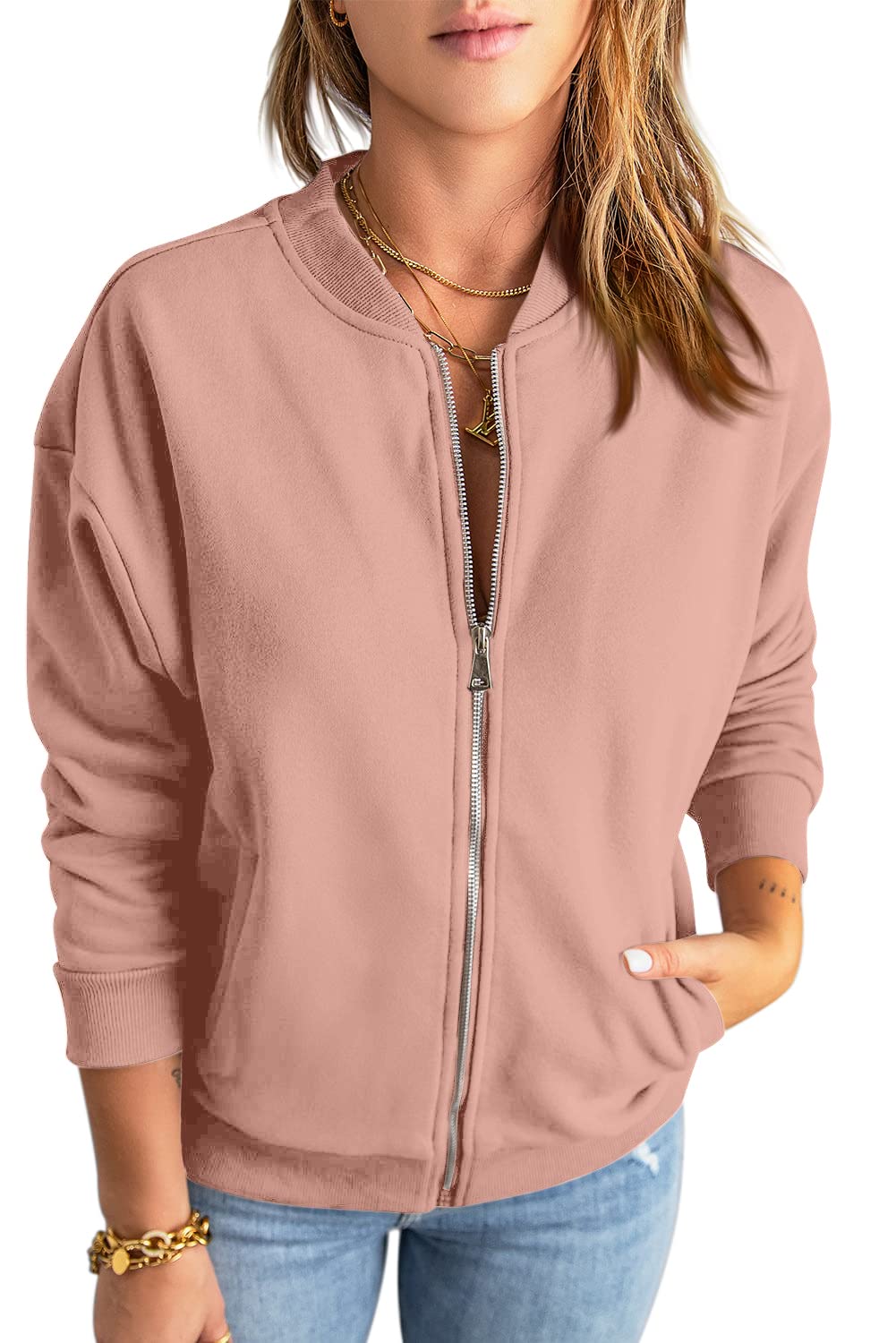 GeGekoko Zip Sweatshirt Damen übergroße Jacket Sweatshirt Einfarbige Loose Langarm Tops Oberteile...