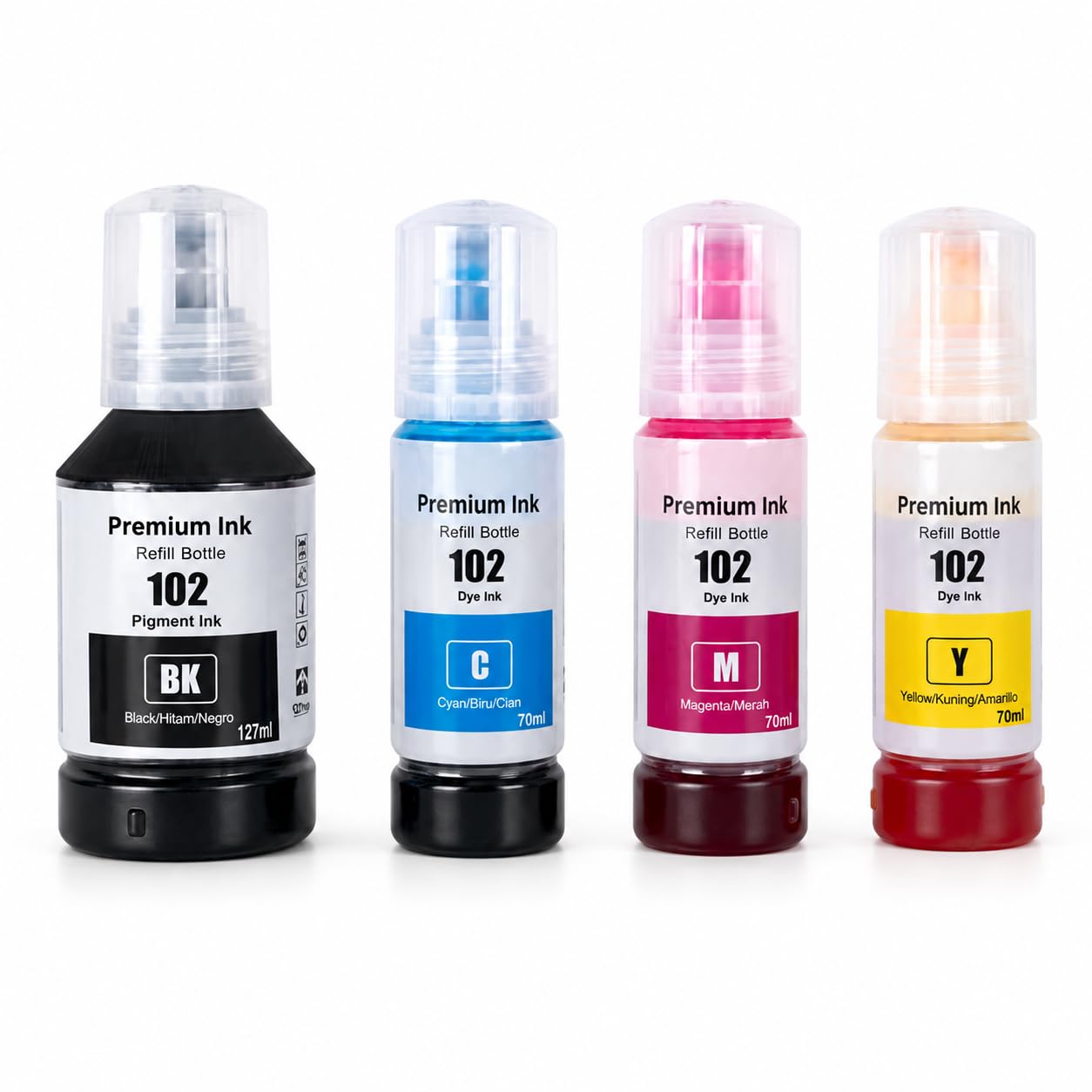 NexNova 102 Ink 4-Pack Compatible with Epson EcoTank, 127ml Pigment Black + 70ml Each C/M/Y, for ET-2700 ET-2750 ET-2751 ET-2756 ET-2850 ET-2851 ET-2856 ET-3700 ET-3750 ET-3850 ET-4750 ET-4850