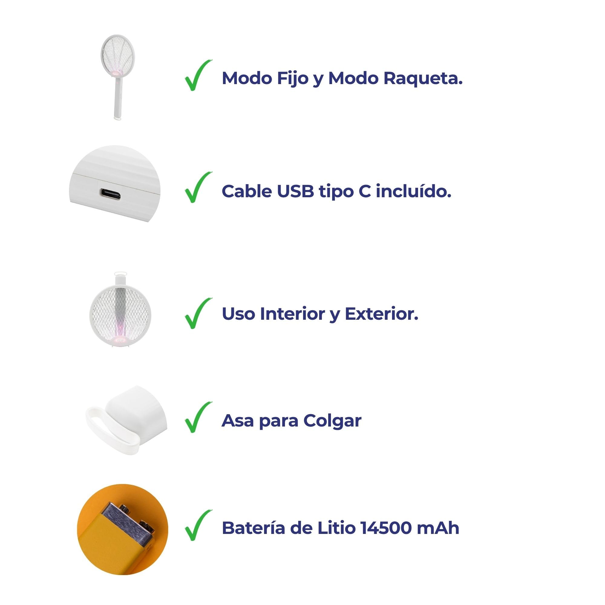 JATA HOGAR MOST3555 - Raqueta Eléctrica Antimosquitos Recargable USB 2 en 1, Mata Moscas y Mosquitos UV, Modo Fijo y Manual, 30 m², Interior y Exterior