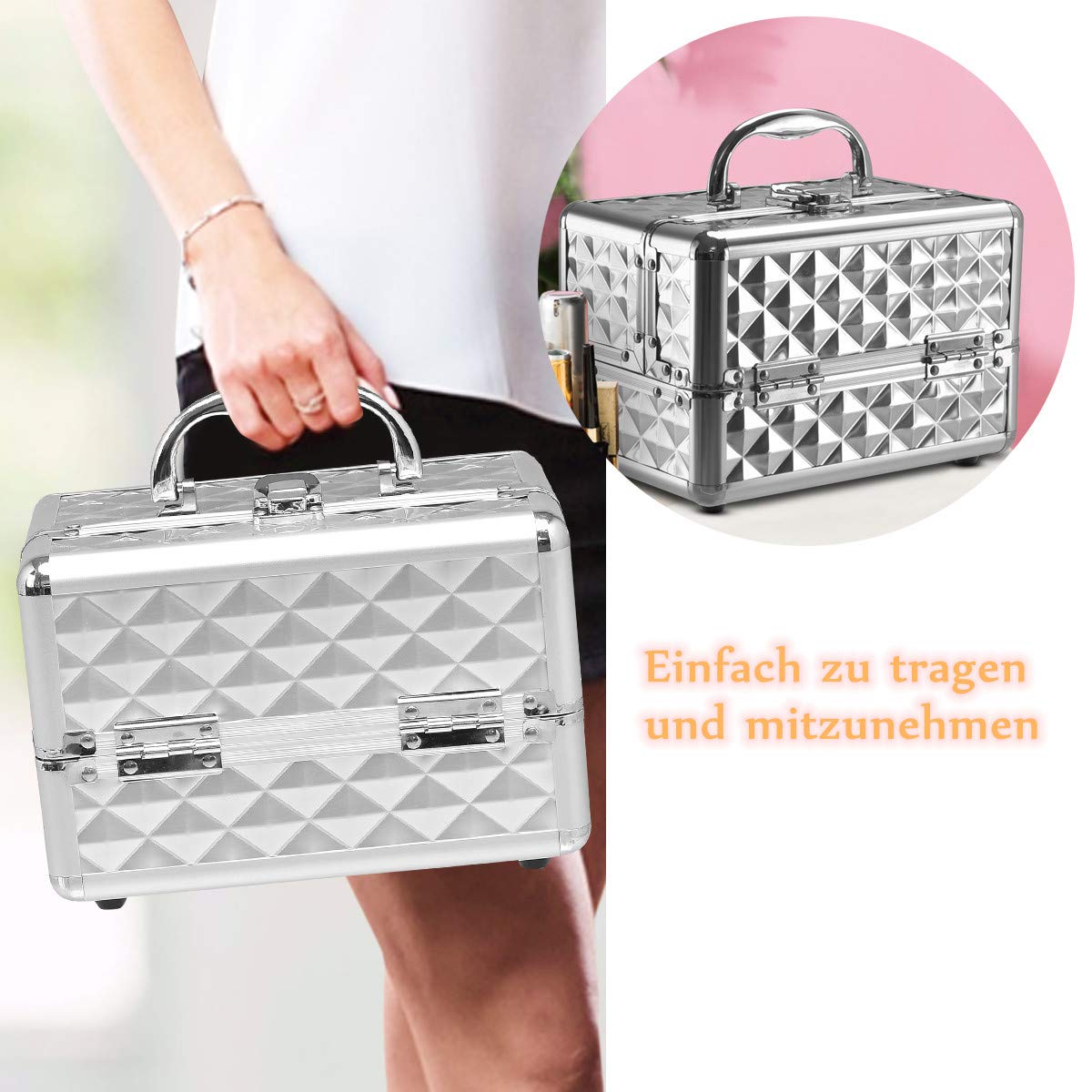 RELAX4LIFE Kosmetikkoffer, Schminkkoffer mit Spiegel, Kosmetikkasten tragbar für Reise, Beauty Case 3 Fächer, Make up Box für Lippenstifte & Nagellack & Schmuck, Friseurkoffer klappbar (Silber)